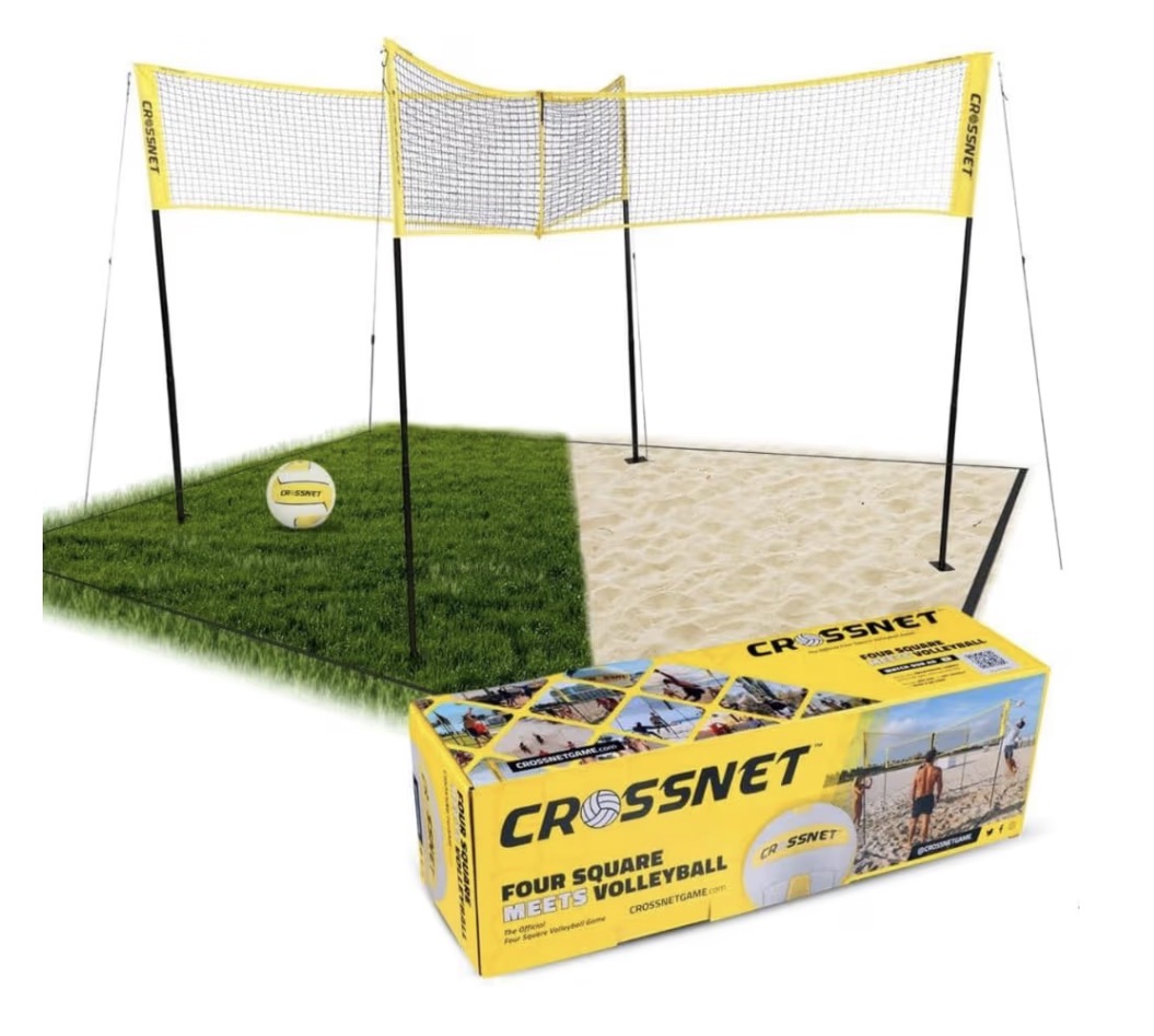 CROSSNET Quick Assemble 4 Square Volleyball Game Set for Adults and Kids with Volleyball Net, Backpack and Ball for Outdoor Games