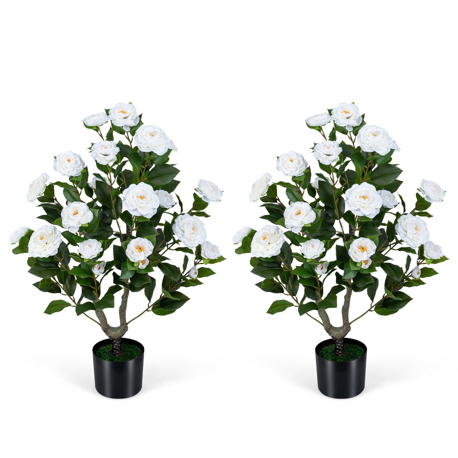 2-Pack Artificial Camellia Tree 35.5'' Faux Flower Plant in Cement-Filled Pot