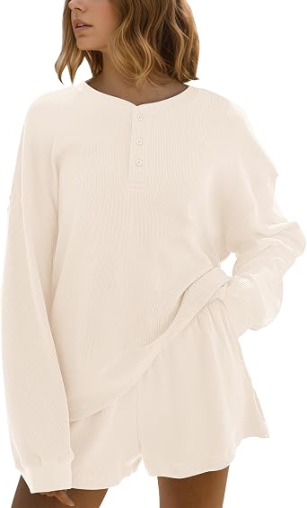 Waffle Knit Lounge Sets for Women Long Sleeve Oversized Sweatshirt Elastic Waist Shorts Fall 2 Piece Matching Set