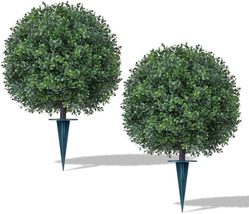2Pack Artificial Boxwood Topiary Ball Trees,16''UV Resistant Fake Evergreen Shrubs Bushes Plants with Ground Spike, Fake Plants for Outdoor Indoor Front Porch Garden