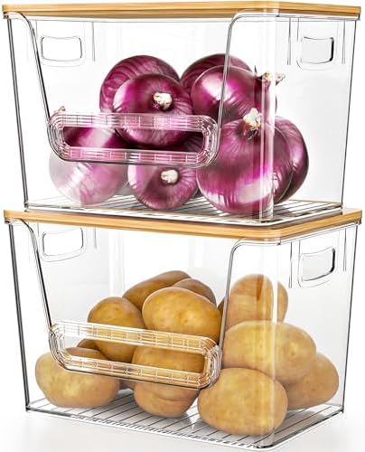 Delamu 2 Set Pantry Organizers and Storage, Trash Bag Holder Under Sink Organizer for 4-13 Gal Bags, Trash Bag Dispenser with Bamboo Top for Onion, Potato, Garlic, Clear