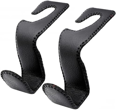 Headrest Hooks for Purses and Bags, 2 Pack Car Seat Hooks for Grocery Bag Handbag, Metal Car Purse Holder Covered by Leather
