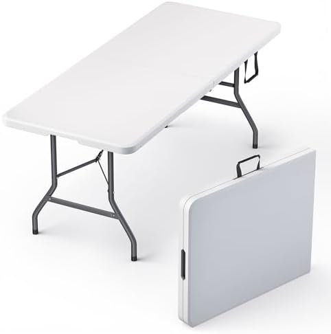 6 Feet Foldable Table with Built in Handle & Steel Legs | 6FT Heavy Duty Folding Portable | Perfect for Party, Dining, Wedding, Events, Picnic Indoor, Outdoor, Camping, Utility, Folding - 6 Foot