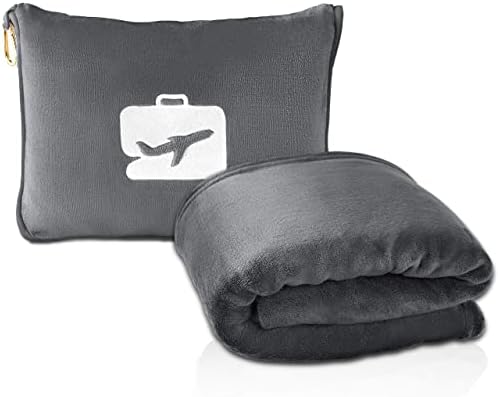 EverSnug Travel Blanket & Pillow 68x42 - Premium Ultra-Soft Microfleece 2 in 1 Compact & Packable Flight Blanket with Soft Bag Pillowcase, Hand Luggage Sleeve and Backpack Clip (Grey)
