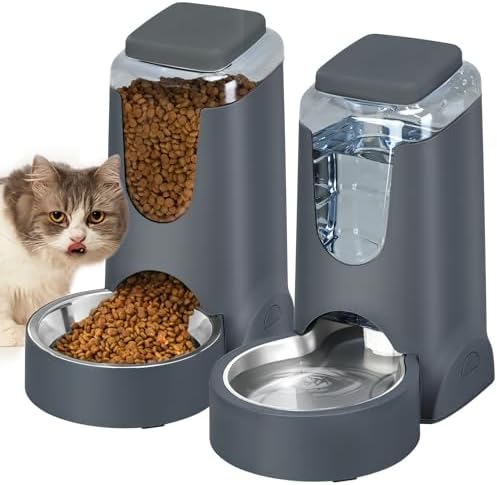 Automatic Cat Feeder and Water Dispenser with Stainless Steel Bowl Dog Gravity Food Feeder and Waterer for Small Medium Pets Puppy Kitten 1 Gallon x 2