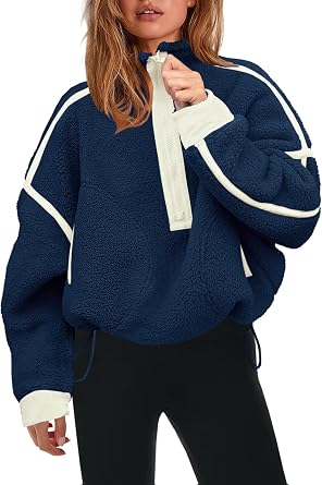 Womens Half Zip Fleece Pullover Sherpa Jacket | Quarter Zip Tops, Fuzzy Sweater, Soft Cozy Sweatshirt with Pockets, Winter, Warm Coat, Travel Outfits