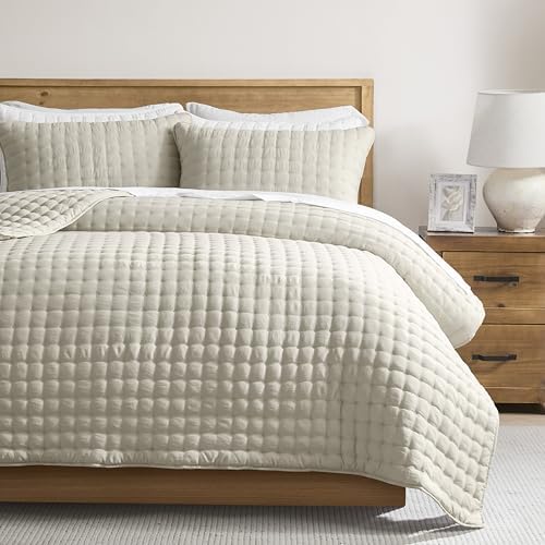 Beige Queen Size Quilts Bedding Sets with 2 Pillow Shams, Neutral Lightweight Soft Bedspread Coverlet, Quilted Blanket Thin Comforter Bed Cover for All Season