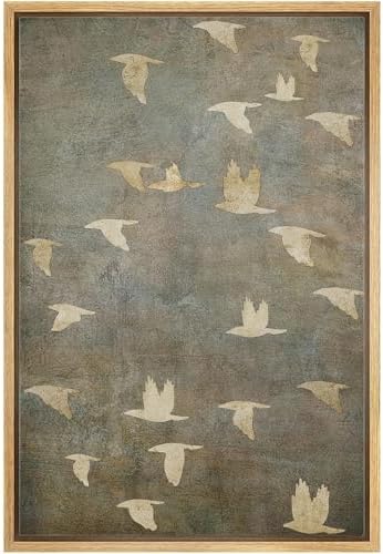 Framed Canvas Print Wall Art Grunge Gold Flying Bird Collage Nature Wilderness Illustrations Modern Art Decorative Landscape Rustic Colorful for Living Room, Bedroom, Office - 16"x24" Natural