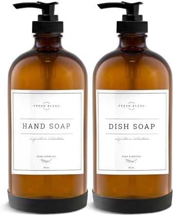 Amber Glass Soap Dispenser, 2 Pack Kitchen Soap Dispenser Set with Rustproof Pump