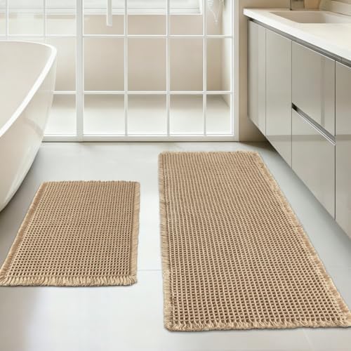 Waffle Bath Mat Set of 2, Non Slip Waffle Rugs for Bathroom, Super Absorbent & Quick Dry Soft Shower Mat for Bathroom & Kitchen Floor, Machine Washable Bath Rugs (Brown)