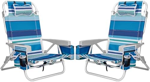 2Pk Aluminum Extra Wide 5-Position Lay Flat Folding Backpack Beach Chairs for Adults, with Cooler Bag, Cup&Phone Holder, Towel Bar for Outdoor Lawn Picnic Sport, Portable Camping Chairs