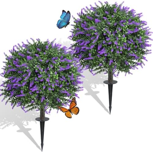 Dense Foliage Artificial Lavender Topiary Ball Trees 24 Inch, 2 Pack